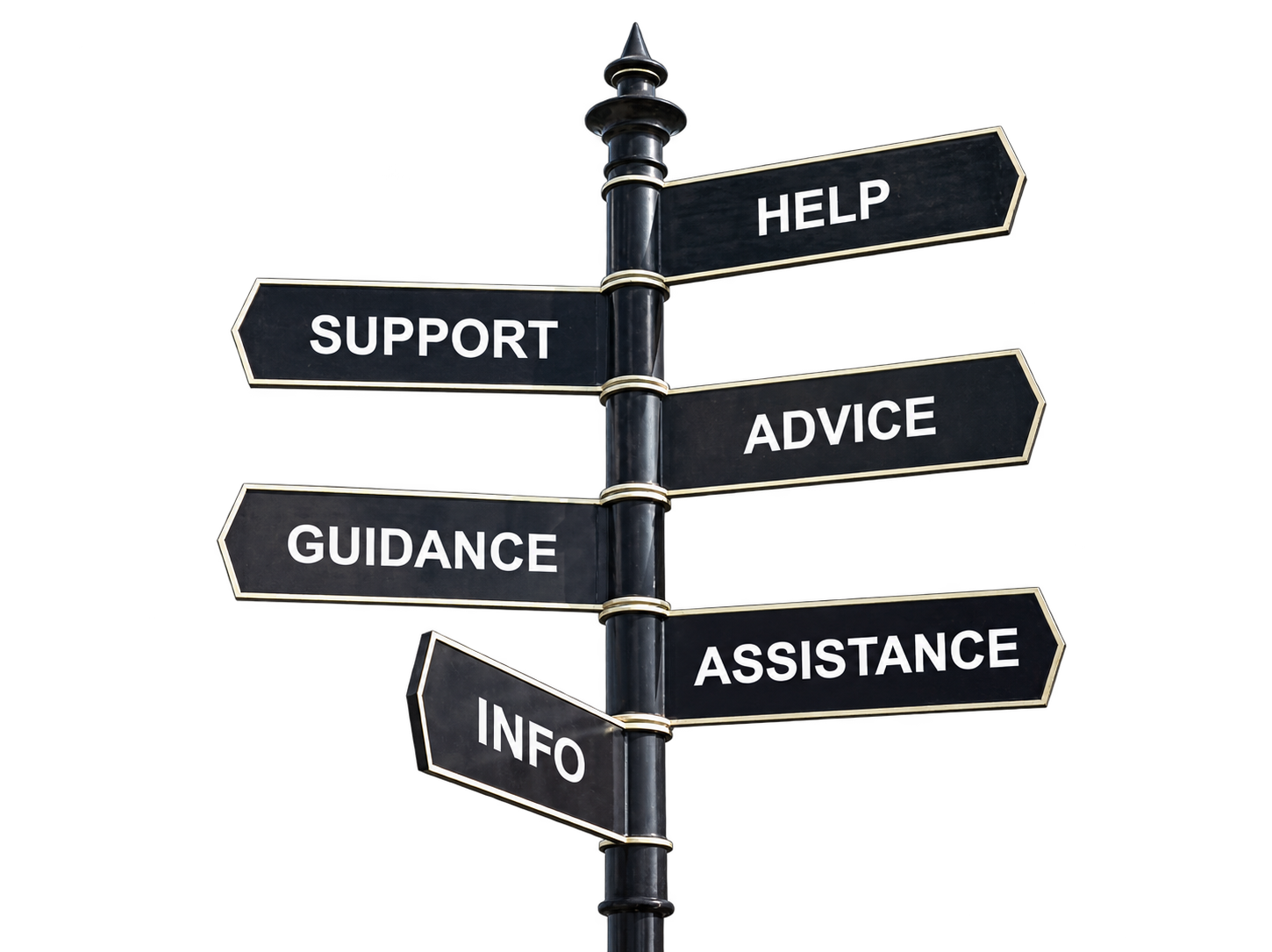 Signpost pointing toward help, support, advice, guidance, assistance, and information