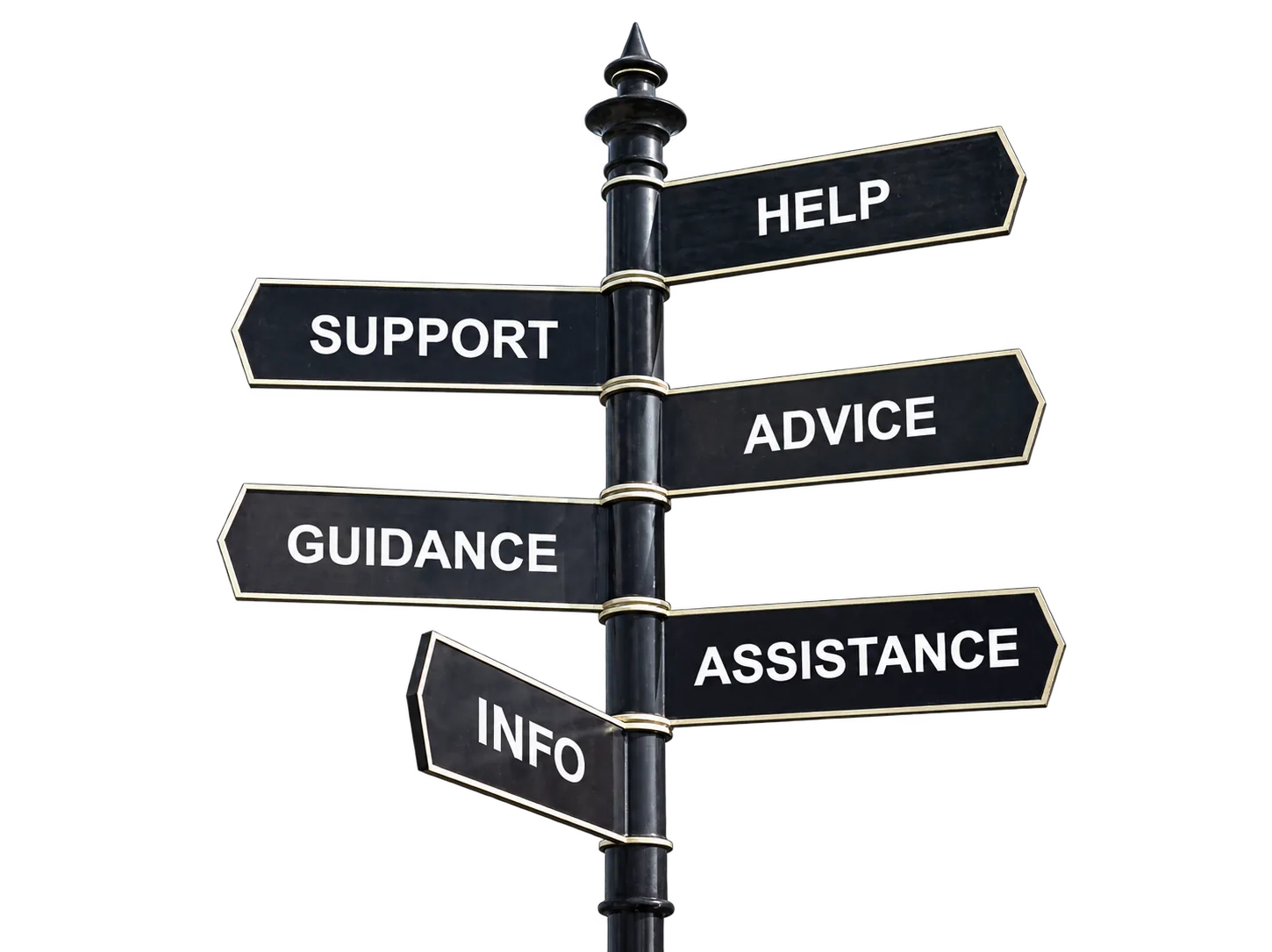 Signpost pointing toward help, support, advice, guidance, assistance, and information